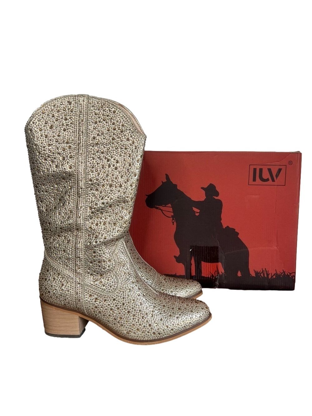 Iuv New Women’s Gold Rhinestone Western Heeled Boot Size 8 #B1371